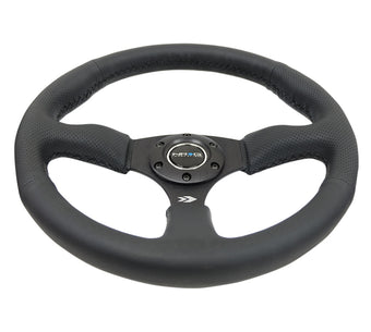 compare product NRG Reinforced Steering Wheel (350mm / 2.5in. Deep) Blk Leather Comfort Grip w/5mm Matte Blk Spokes