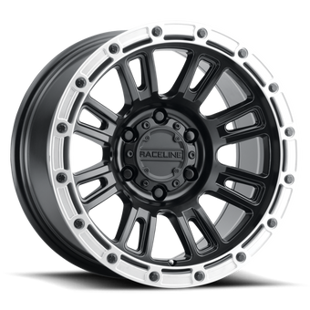compare product Raceline 956BS Compass 17x8in / 5x110 BP / 30mm Offset / 72.62mm Bore - Black & Silver Lip Wheel