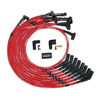 compare product Moroso BBC Over Valve Cover 135 Deg Plug Boot HEI Sleeved Ultra Spark Plug Wire Set - Red