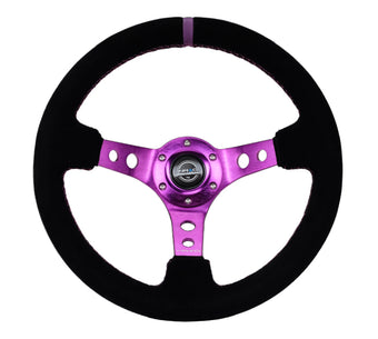compare product NRG Reinforced Steering Wheel (350mm / 3in. Deep) Black Suede w/Purple Center & Purple Stitching
