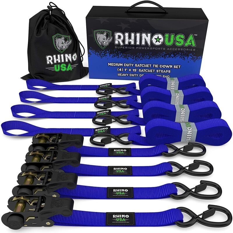 Rhino USA Medium Duty Ratchet Strap Tie - Down 4 - Pack (Blue) - My Store