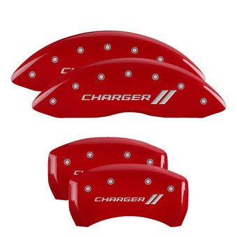 compare product MGP 4 Caliper Covers Engraved Front & Rear With stripes/Charger Red finish silver ch