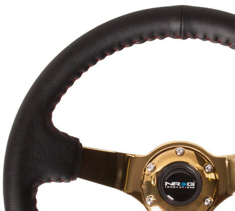 compare product NRG Reinforced Steering Wheel (350mm / 3in. Deep) Blk Leather/Red BBall Stitch w/4mm Gold Spokes