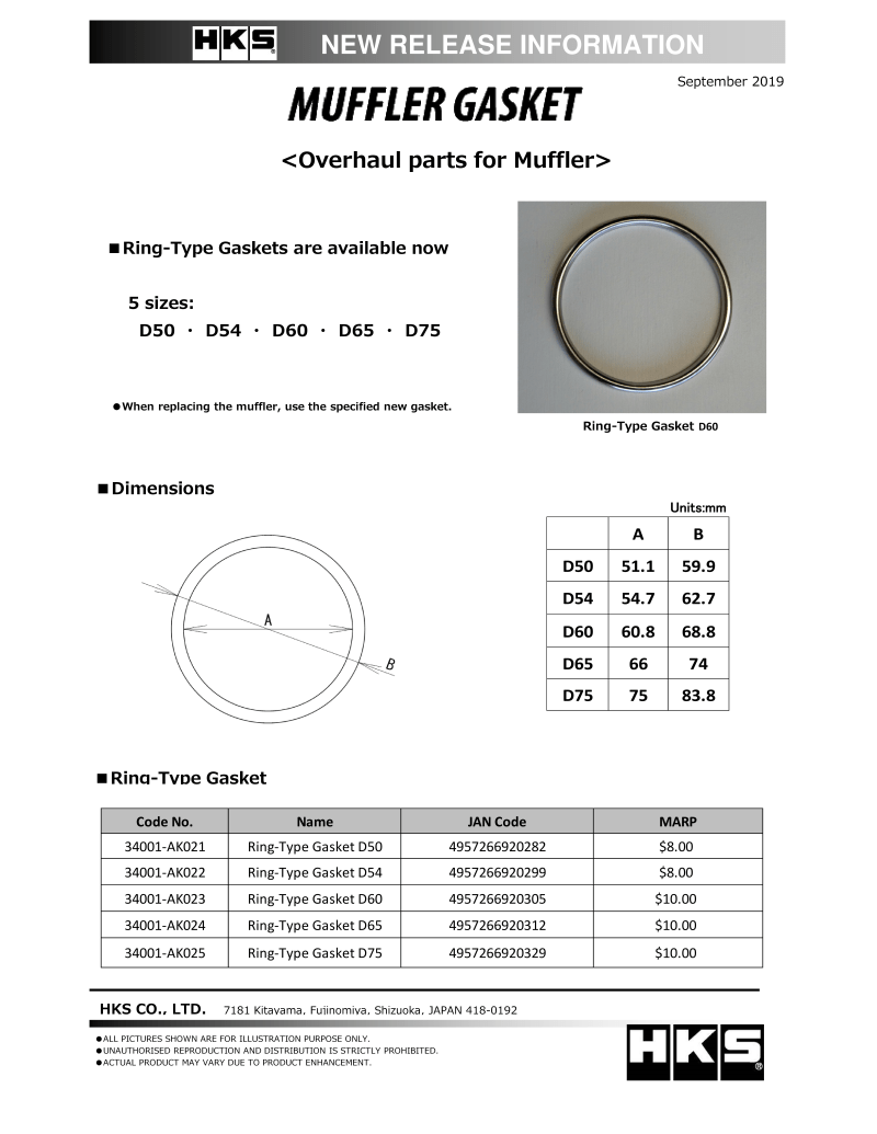 HKS Muffler Gasket 66mm ID 74mm OD - My Store
