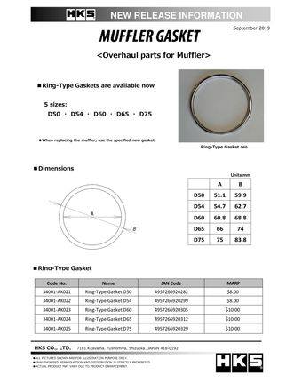 compare product HKS Muffler Gasket 75mm ID 83.8mm OD