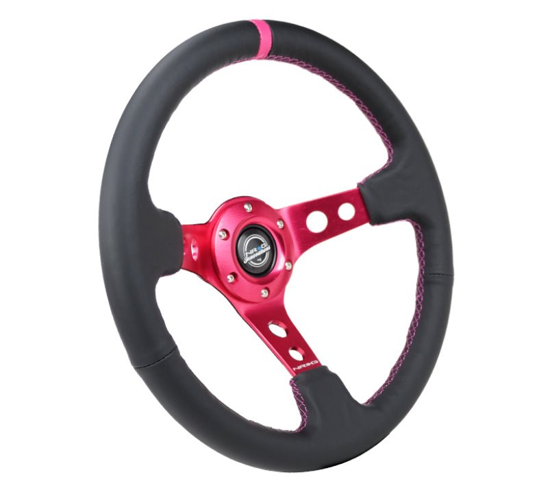 NRG Reinforced Steering Wheel (350mm/3in. Deep) Black Leather/ Fushia Center Mark/ Fushia Stitching - My Store