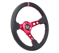 NRG Reinforced Steering Wheel (350mm/3in. Deep) Black Leather/ Fushia Center Mark/ Fushia Stitching - My Store