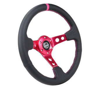 compare product NRG Reinforced Steering Wheel (350mm/3in. Deep) Black Leather/ Fushia Center Mark/ Fushia Stitching