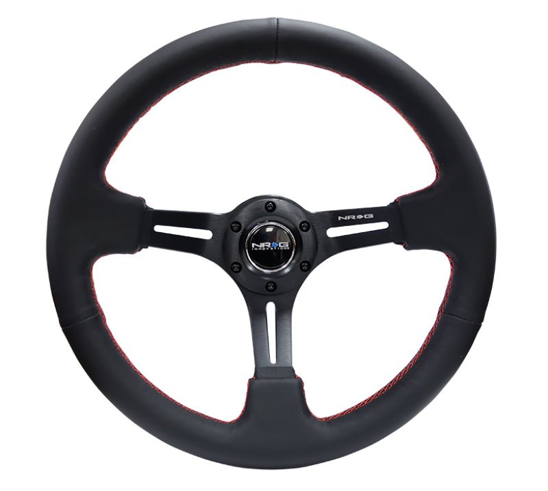 NRG Reinforced Steering Wheel (350mm / 3in. Deep) Black Leather/Red Stitch & Blk 3 - Spoke w/Slits - My Store