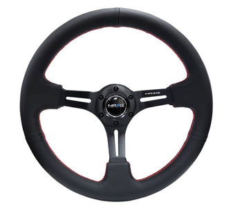compare product NRG Reinforced Steering Wheel (350mm / 3in. Deep) Black Leather/Red Stitch & Blk 3-Spoke w/Slits