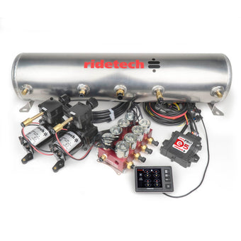 compare product Ridetech RidePro E5 Air Ride Control System 5 Gal Dual Compressor High Flow Big Red 3/8in Valves