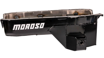 compare product Moroso 80-85 Chevrolet SBC (w/Passenger Side Dipstick) Wet Sump 5.5qt 7.5in Steel Oil Pan - Black