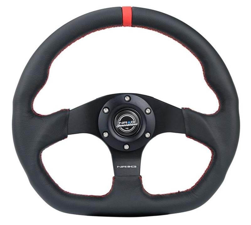 NRG Reinforced Steering Wheel (320mm) Sport Leather Flat Bottom w/ Red Center Mark/ Red Stitching - My Store