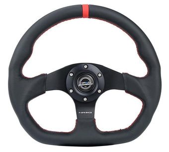 compare product NRG Reinforced Steering Wheel (320mm) Sport Leather Flat Bottom w/ Red Center Mark/ Red Stitching