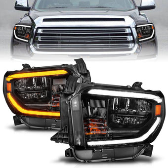 compare product ANZO 14-21 Toyota Tundra (OE Halogen w/LED DRL) LED Crystal Headlights w/ Switchback & DRL - Blk