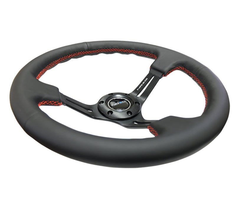 NRG Reinforced Steering Wheel (350mm / 3in. Deep) Black Leather/Red Stitch & Blk 3 - Spoke w/Slits - My Store