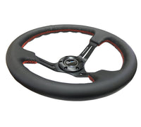 NRG Reinforced Steering Wheel (350mm / 3in. Deep) Black Leather/Red Stitch & Blk 3 - Spoke w/Slits - My Store