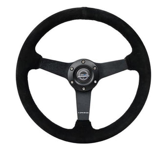 compare product NRG Sport Steering Wheel (350mm / 1.5in Deep) Black Suede/Black Stitch w/Matte Black Solid Spokes