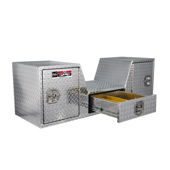 compare product Westin/Brute V Shape Goose Neck 5th Wheel 57in Tailgate Box 1 Drawer/2 Swing Doors - Aluminum