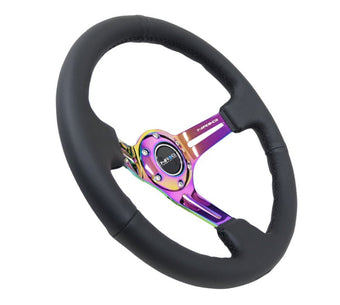 compare product NRG Reinforced Steering Wheel (350mm / 3in. Deep) Blk Leather/Blk Stitch w/Neochrome Slits