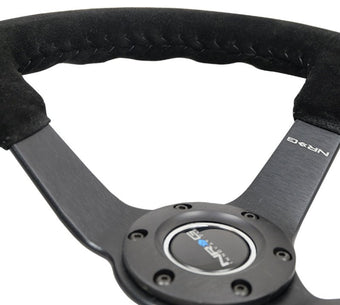 compare product NRG Reinforced Steering Wheel (350mm / 3in. Deep) Blk Suede/Blk Bball Stitch w/5mm Matte Black Spoke