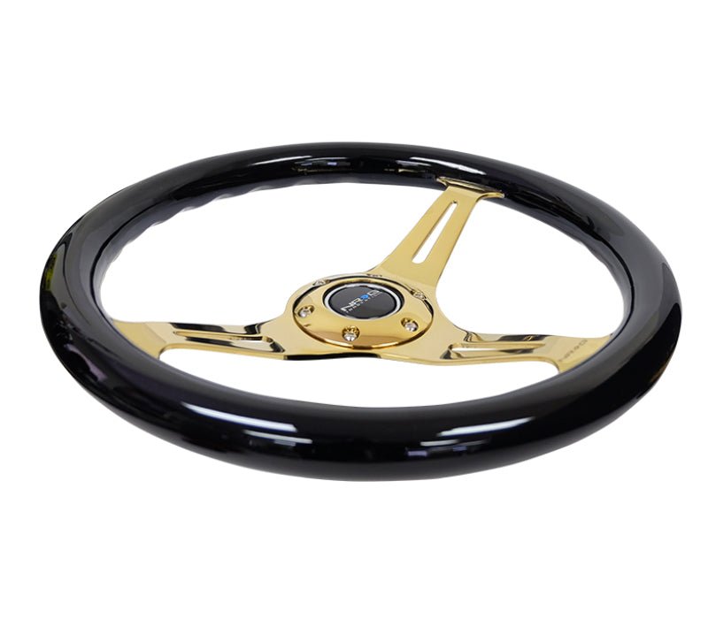 NRG Classic Wood Grain Steering Wheel (350mm) Black Grip w/Chrome Gold 3 - Spoke Center - My Store
