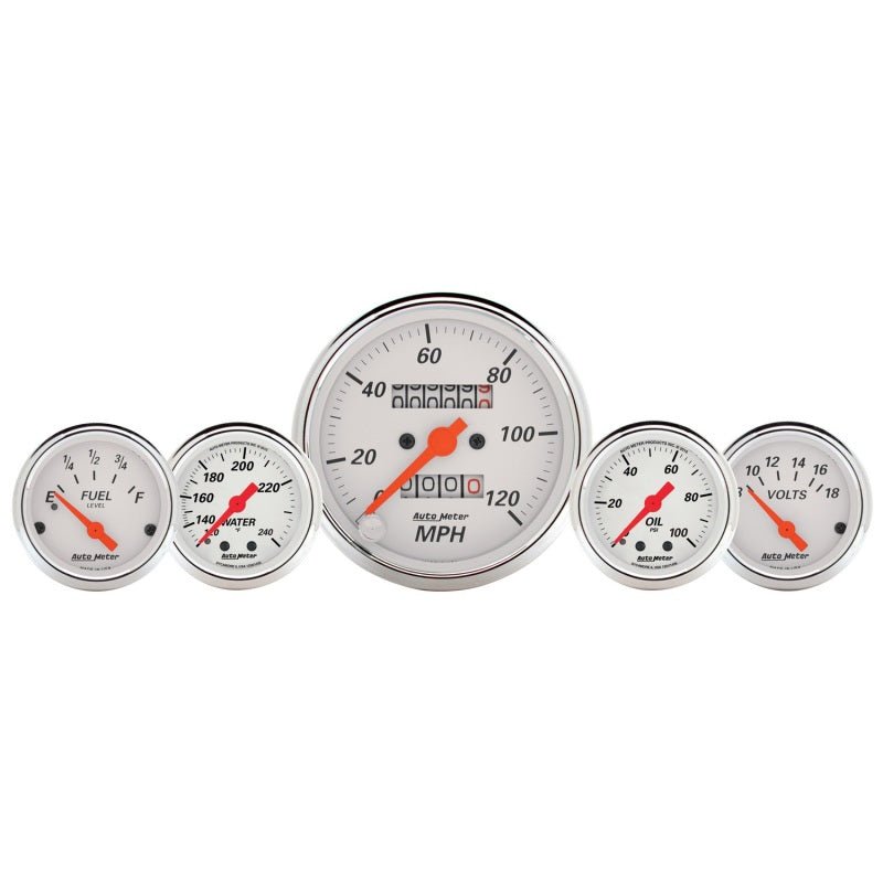 AutoMeter Gauge Kit 5 Pc. 3 - 1/8in. & 2 - 1/16in. Mech. Speedo. Wtmp & Oilp Arctic Wht - My Store