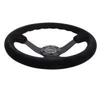 NRG Reinforced Steering Wheel (350mm / 3in. Deep) Blk Suede/Red BBall Stitch w/5mm Matte Blk Spokes - My Store