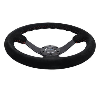 compare product NRG Reinforced Steering Wheel (350mm / 3in. Deep) Blk Suede/Red BBall Stitch w/5mm Matte Blk Spokes