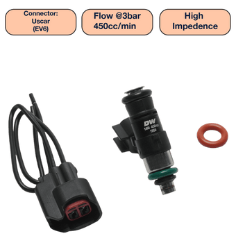compare product DeatschWerks Universal 450cc Single Fuel Injector / 34mm Length / 14mm O-Ring Seals