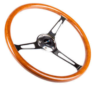 compare product NRG Reinforced Steering Wheel (360mm) Classic Wood Grain w/Chrome Cutout 3-Spoke Center