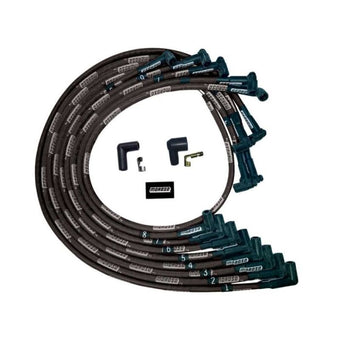 compare product Moroso SBC Under Header 90 Deg Plug End HEI Sleeved Ultra Spark Plug Wire Set - Black