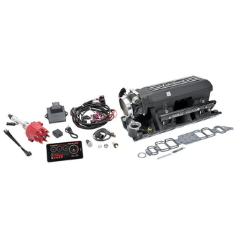 compare product Edelbrock Pro Flo 4 XT EFI System Seq Port BBC Rect Port Std Deck 625 Max HP 35lb/hr Black Finish