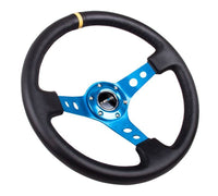 NRG Reinforced Steering Wheel (350mm / 3in. Deep) Blk Leather w/Blue Cutout Spoke & Single Yellow CM - My Store