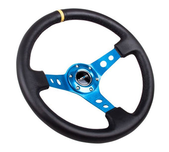 compare product NRG Reinforced Steering Wheel (350mm / 3in. Deep) Blk Leather w/Blue Cutout Spoke & Single Yellow CM