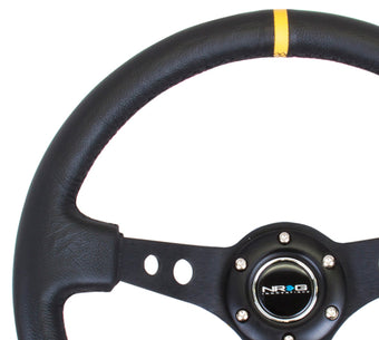 compare product NRG Reinforced Steering Wheel (350mm / 3in. Deep) Blk Leather w/Blk Cutout Spoke/Yellow Center Mark