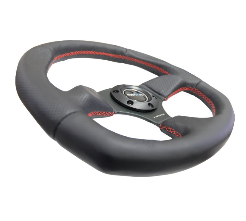 NRG Reinforced Steering Wheel (320mm Horizontal / 330mm Vertical) Leather w/Red Stitching - My Store