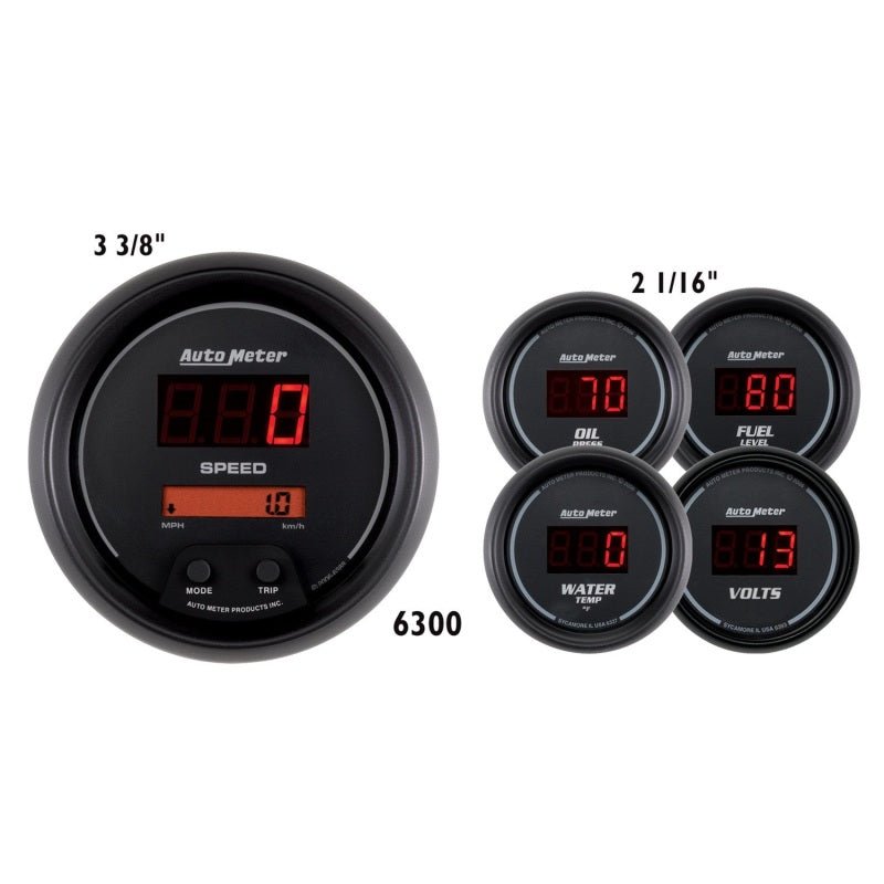 AutoMeter Gauge Kit 5 Pc. 3 - 3/8in. & 2 - 1/16in. Elec Speedo Digital Black Dial W/ Red Led - My Store