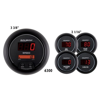 compare product AutoMeter Gauge Kit 5 Pc. 3-3/8in. & 2-1/16in. Elec Speedo Digital Black Dial W/ Red Led