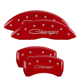 compare product MGP 4 Caliper Covers Engraved Front & Rear Cursive/Charger Red finish silver ch