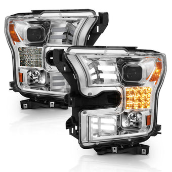 compare product ANZO 15-17 Ford F-150 Proj Headlights w/ Plank Style Design Chrome w/ Amber Sequential Turn Signal