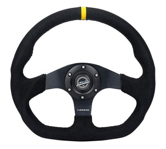 compare product NRG Reinforced Steering Wheel (320mm) Sport Alcantara Dual Push Buttons Flat Bottom w/Yellow Center