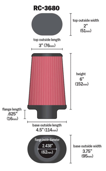 compare product K&N Universal Clamp-On Air Filter 2-7/16in Flange 4-1/2x3-3/4in Base 3x2in Top 6in Height