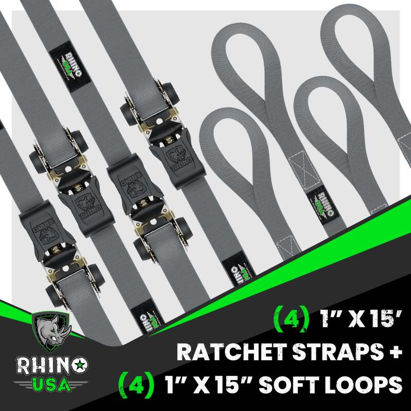 Rhino USA Medium Duty Ratchet Strap Tie - Down 4 - Pack (Gray) - My Store