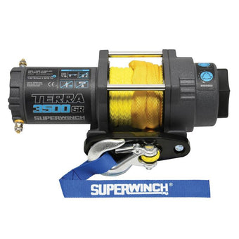 compare product Superwinch 3500 LBS 12V DC 7/32in x 32ft Synthetic Rope Terra 3500SR Winch - Gray Wrinkle