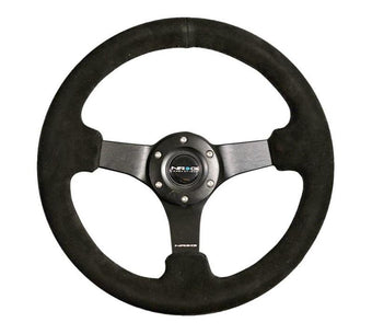 compare product NRG Reinforced Steering Wheel (330mm / 3in Deep) Blk Suede w/Criss Cross Stitch w/Blk 3-Spoke Center