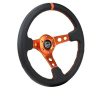 NRG Reinforce Steering Wheel (350mm / 3in. Deep) Blk Leather, Orange Center Mark w/ Orange Stitching - My Store