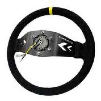 compare product NRG Reinforced Steering Wheel (350mm / 3in. Deep) Blk Suede w/NRG Arrow Cut 2-Spoke & Yellow Mark