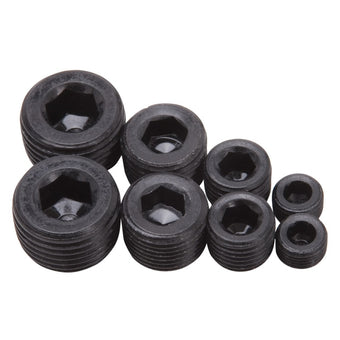 compare product Edelbrock Fittings Pipe Plug Kit Internal Allen Head 1/8In 1/4In 3/8In 1/2In NPT Set of 8 Black