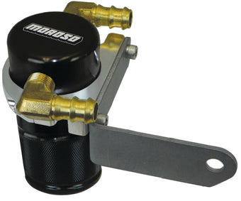 compare product Moroso Dodge Challenger 5.7/6.4L (w/Shaker Hood) Air/Oil Separator Catch Can - Billet Alum - Black